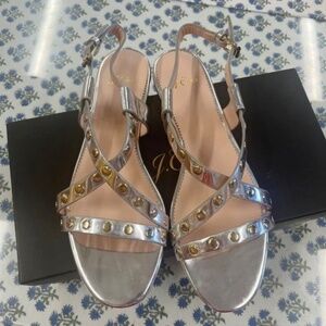 New J.Crew Silver Metallic & Gold Studded Cross Strap Sandals Size 10